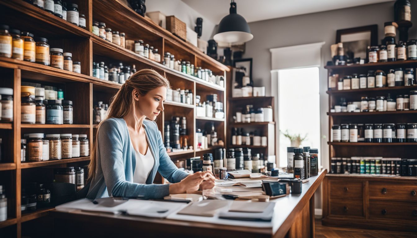 A person surrounded by shelves of nootropic supplements in home office.