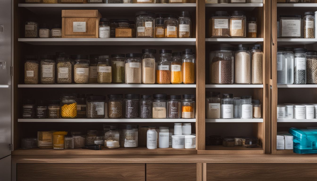 An organized supplement storage cabinet with labeled containers and different faces.