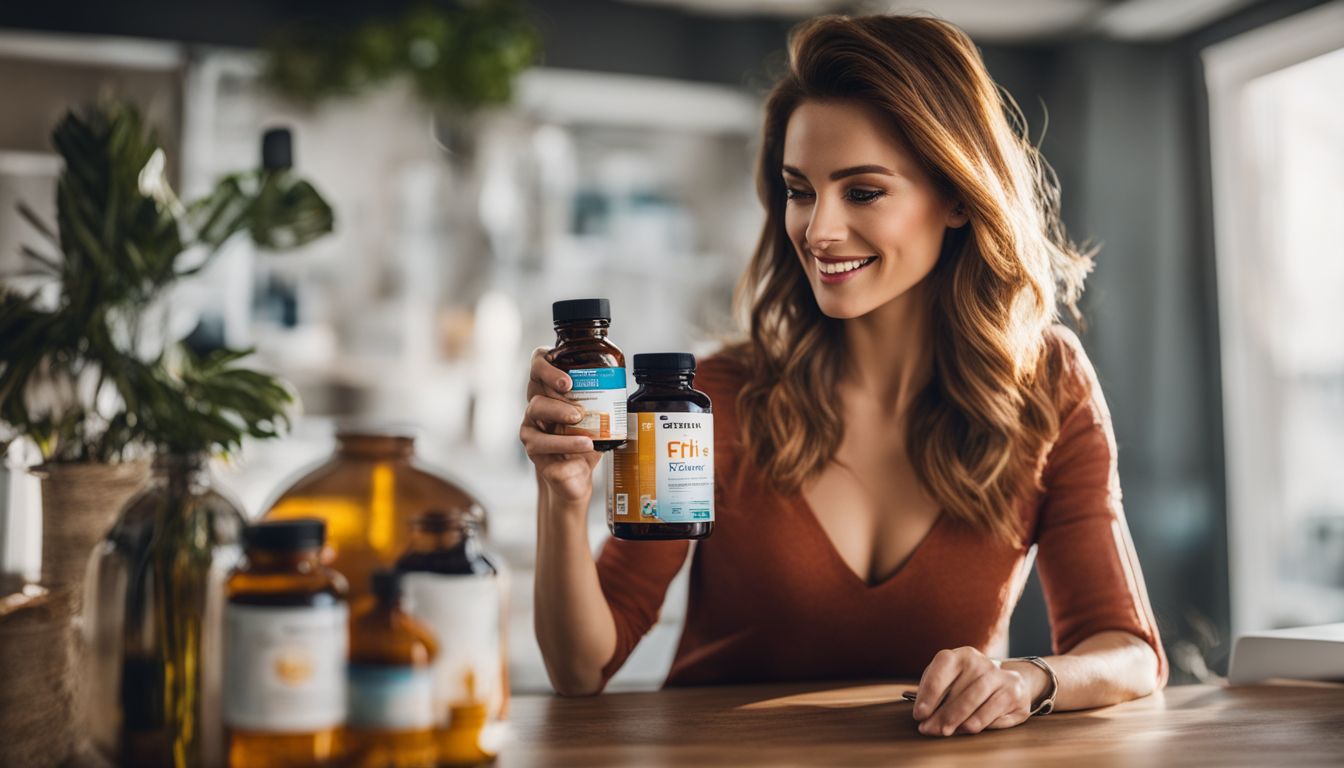 A woman holding supplements and arranging them on a desk.