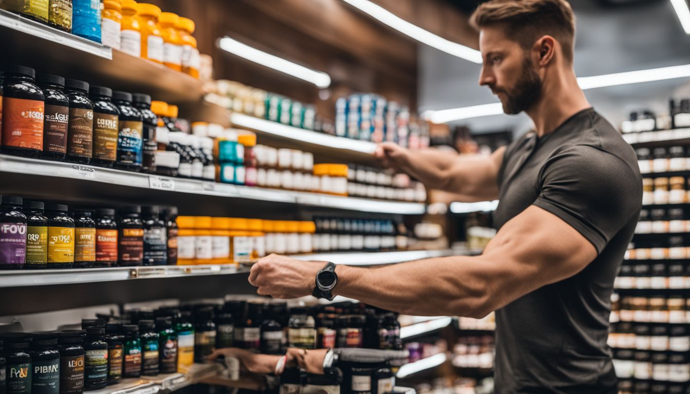 A hand holding focus supplements in front of a shelf of options.