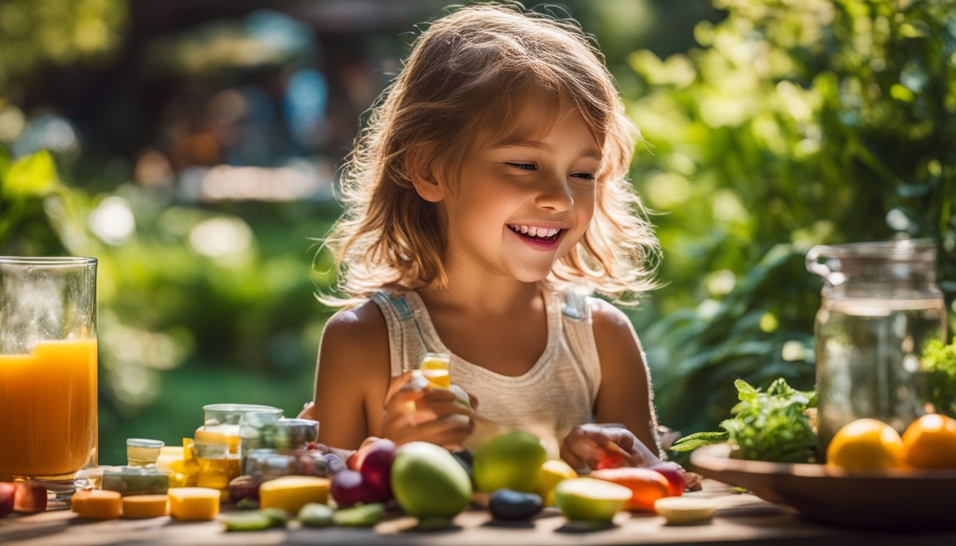 A child happily taking vitamins in a natural, outdoor setting.