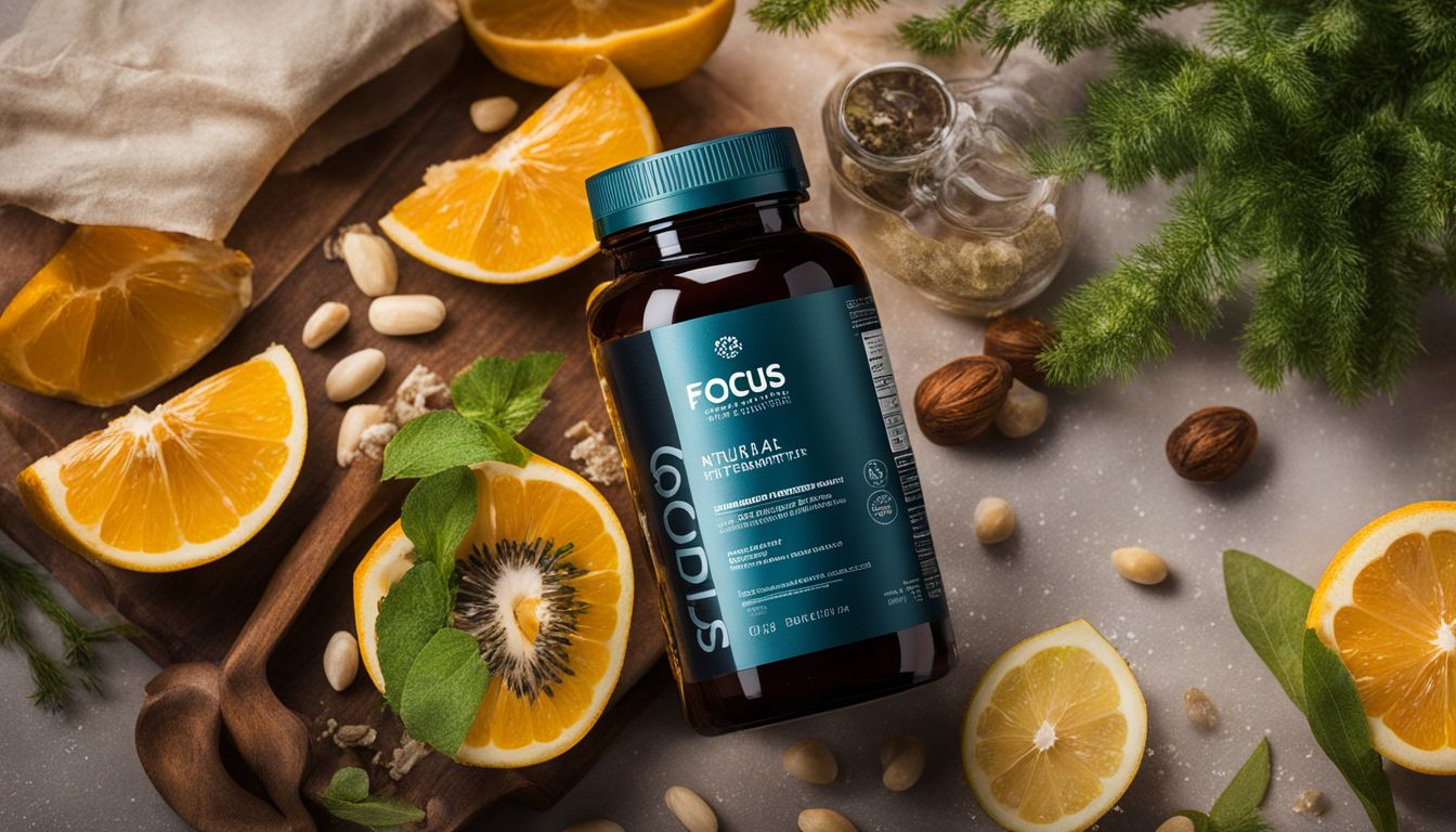 A bottle of focus supplements surrounded by natural ingredients and diverse people.
