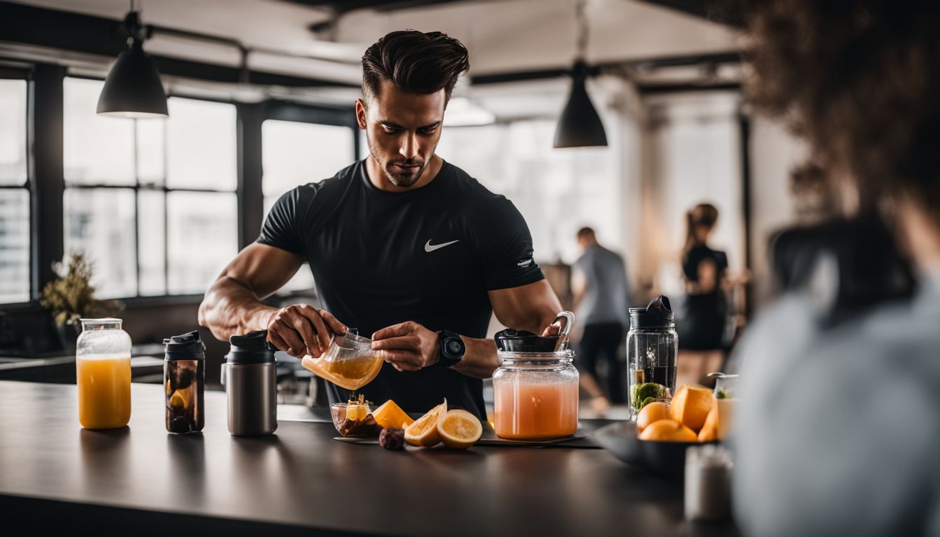A person prepares a pre-workout drink with various ingredients in a busy setting.