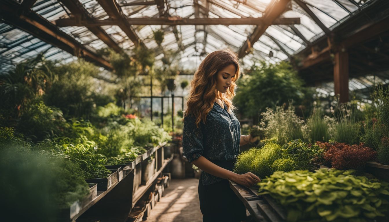 A person in a botanical garden surrounded by various plants.