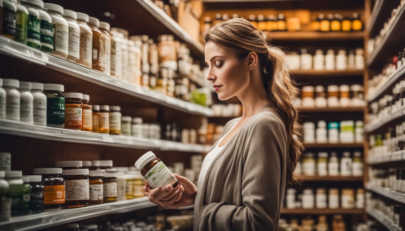 A woman browsing brain-boosting supplements at a health food store.