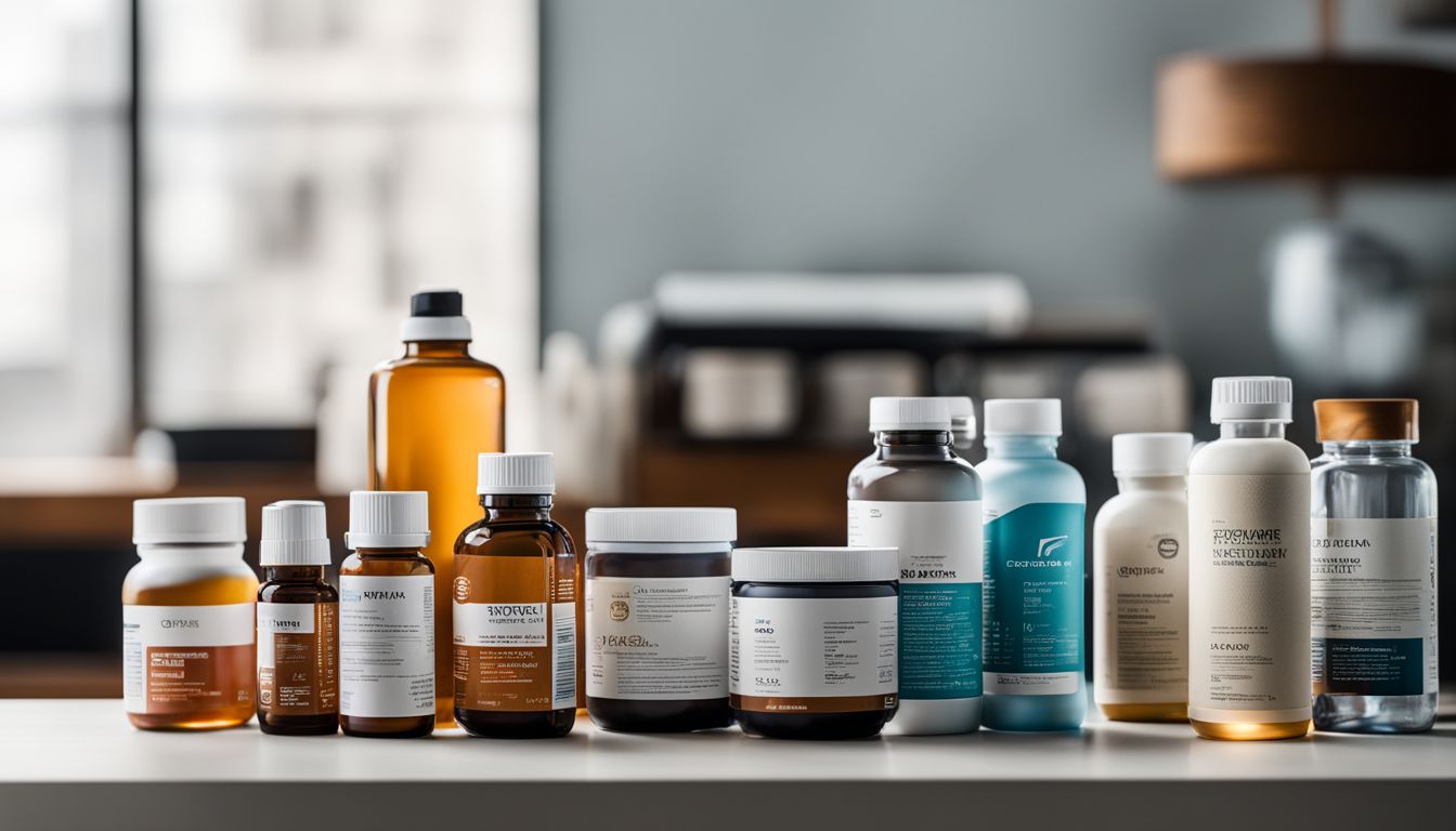 Various supplement bottles neatly arranged on a modern minimalist desk.