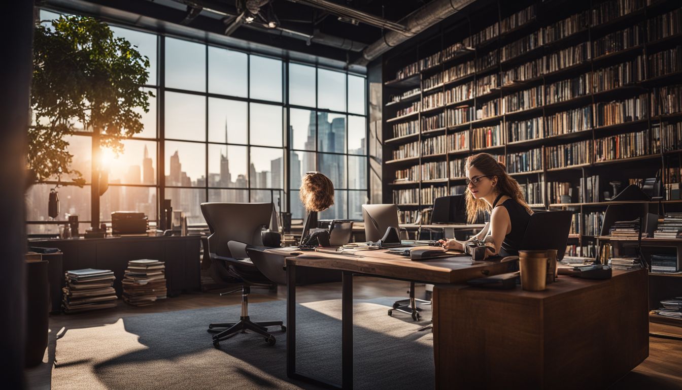 A professional in a modern workspace surrounded by books and technology.