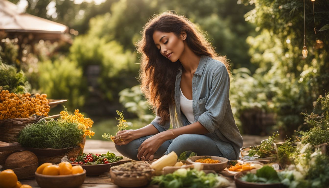 A woman surrounded by Omega-3-rich foods and adaptogenic herbs in a peaceful garden.