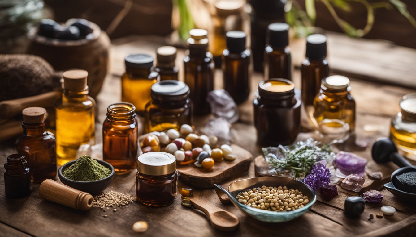 An assortment of key supplements arranged on a wooden table in a natural setting.