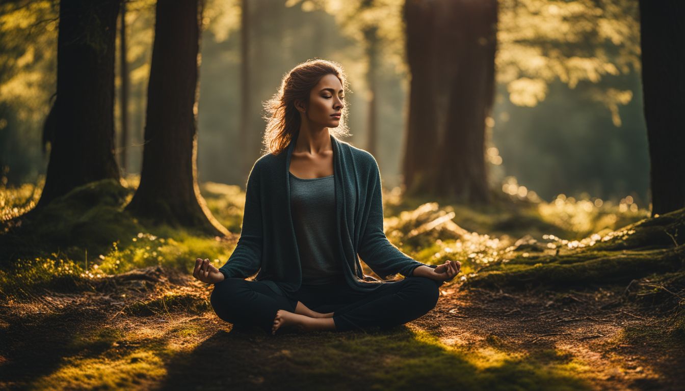 A person meditating in a peaceful forest clearing, surrounded by nature.
