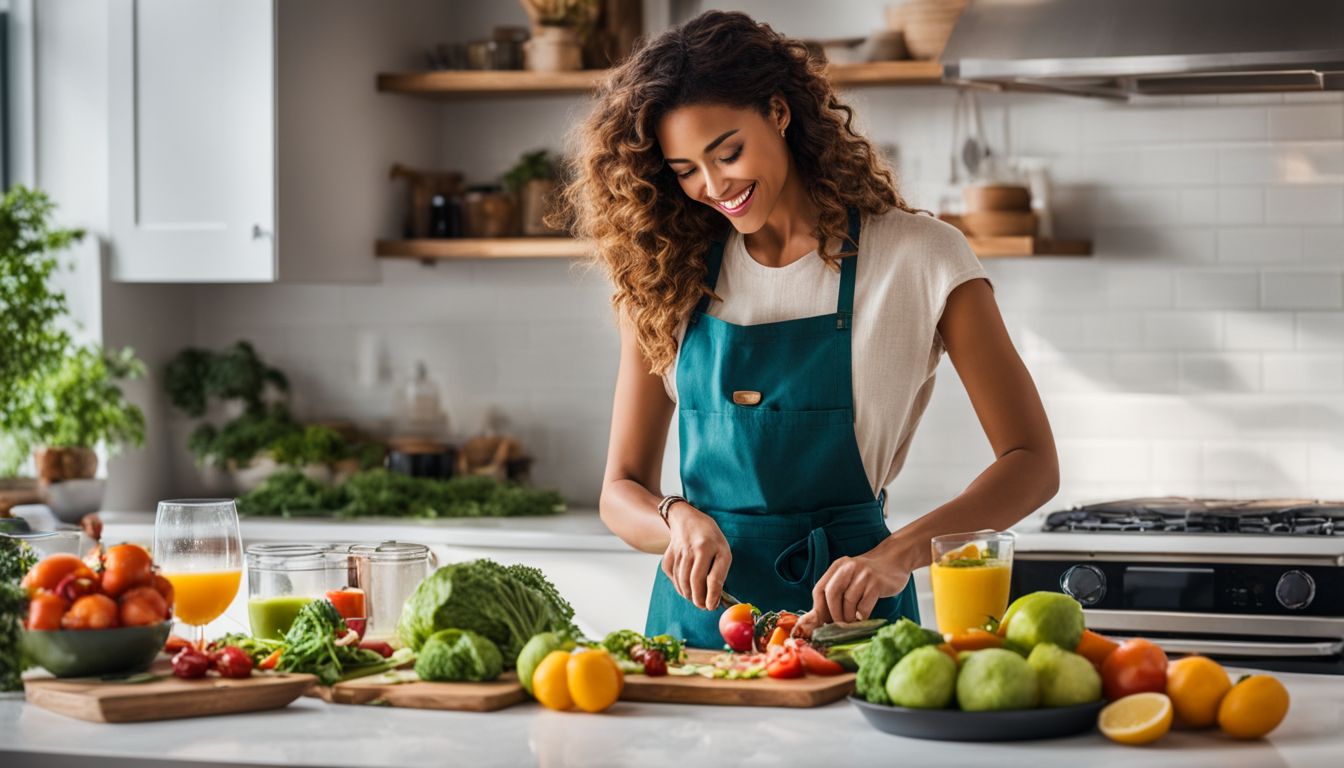 A person preparing a colorful and healthy meal in a modern kitchen.