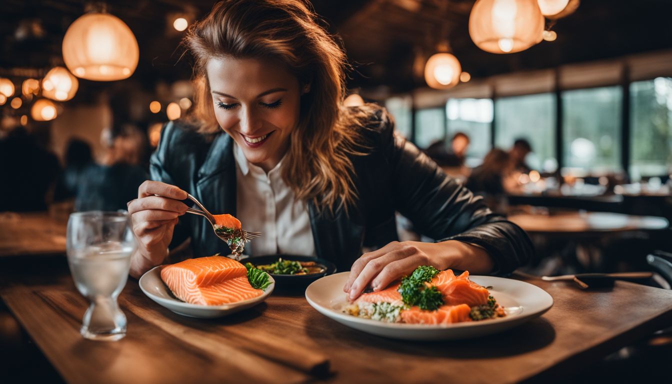 A person enjoying a fresh salmon meal with omega-3 supplements.