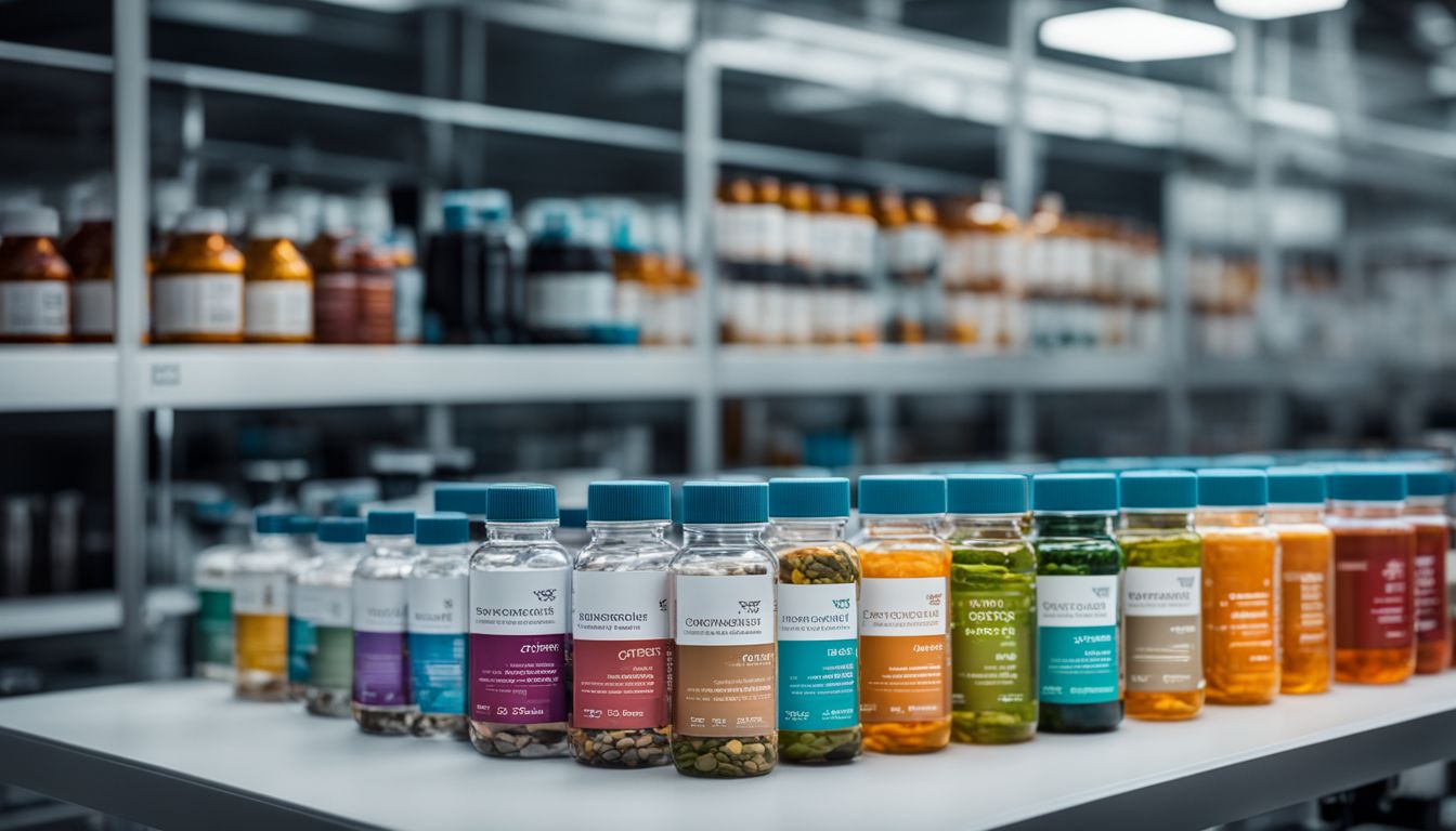 A variety of focus supplement bottles displayed in a laboratory setting.