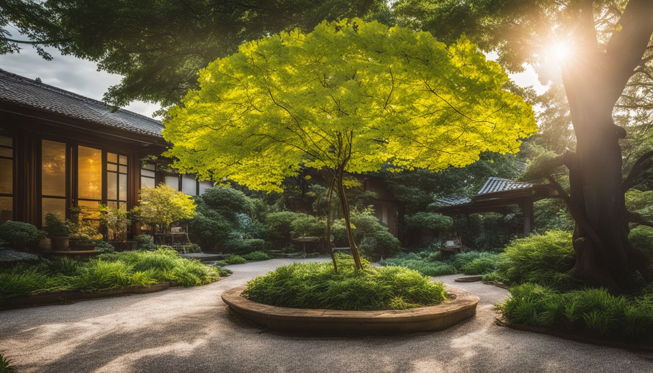 A peaceful garden with Ginkgo biloba and ginseng plants.