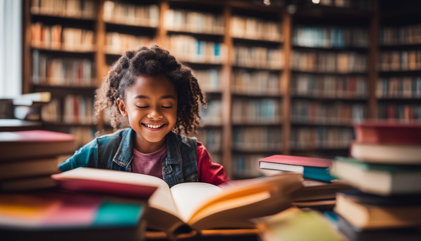 A child happily studying in a colorful library with books.