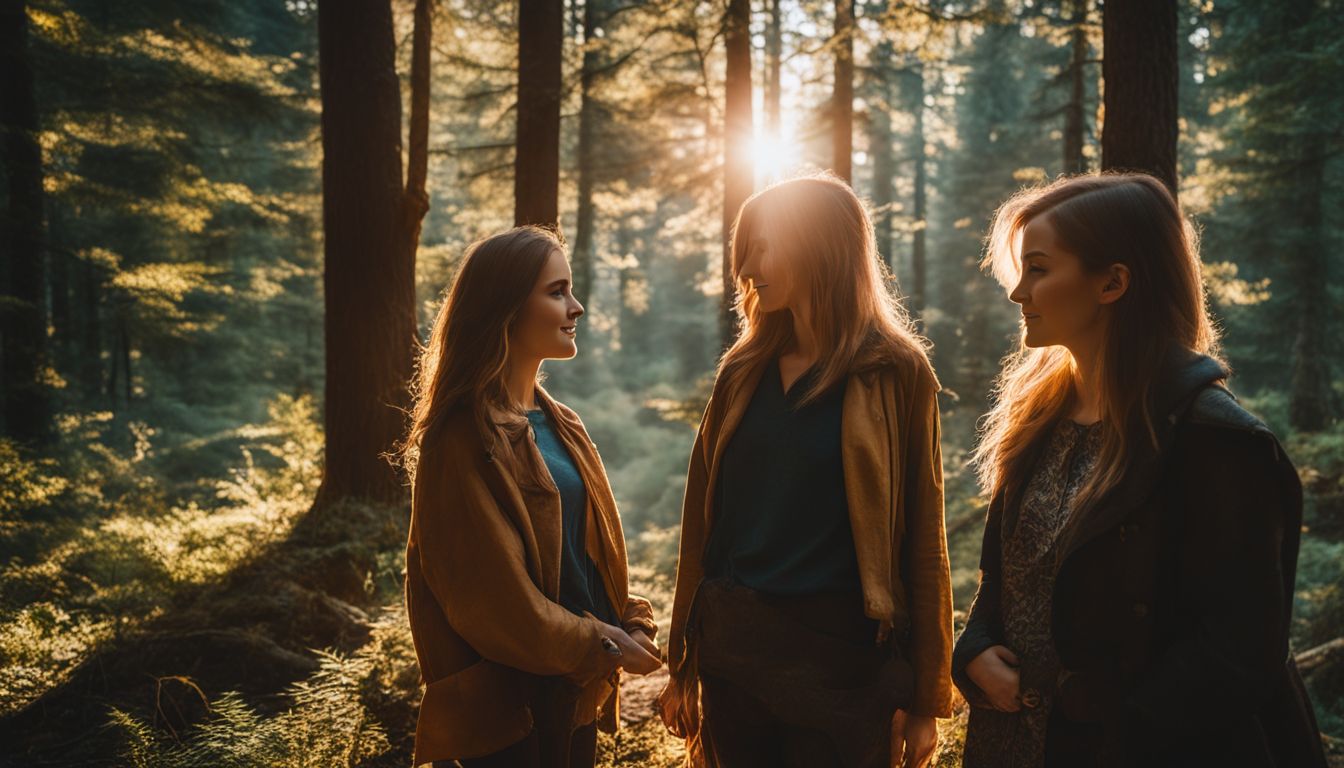 A tranquil forest scene with diverse people enjoying nature.