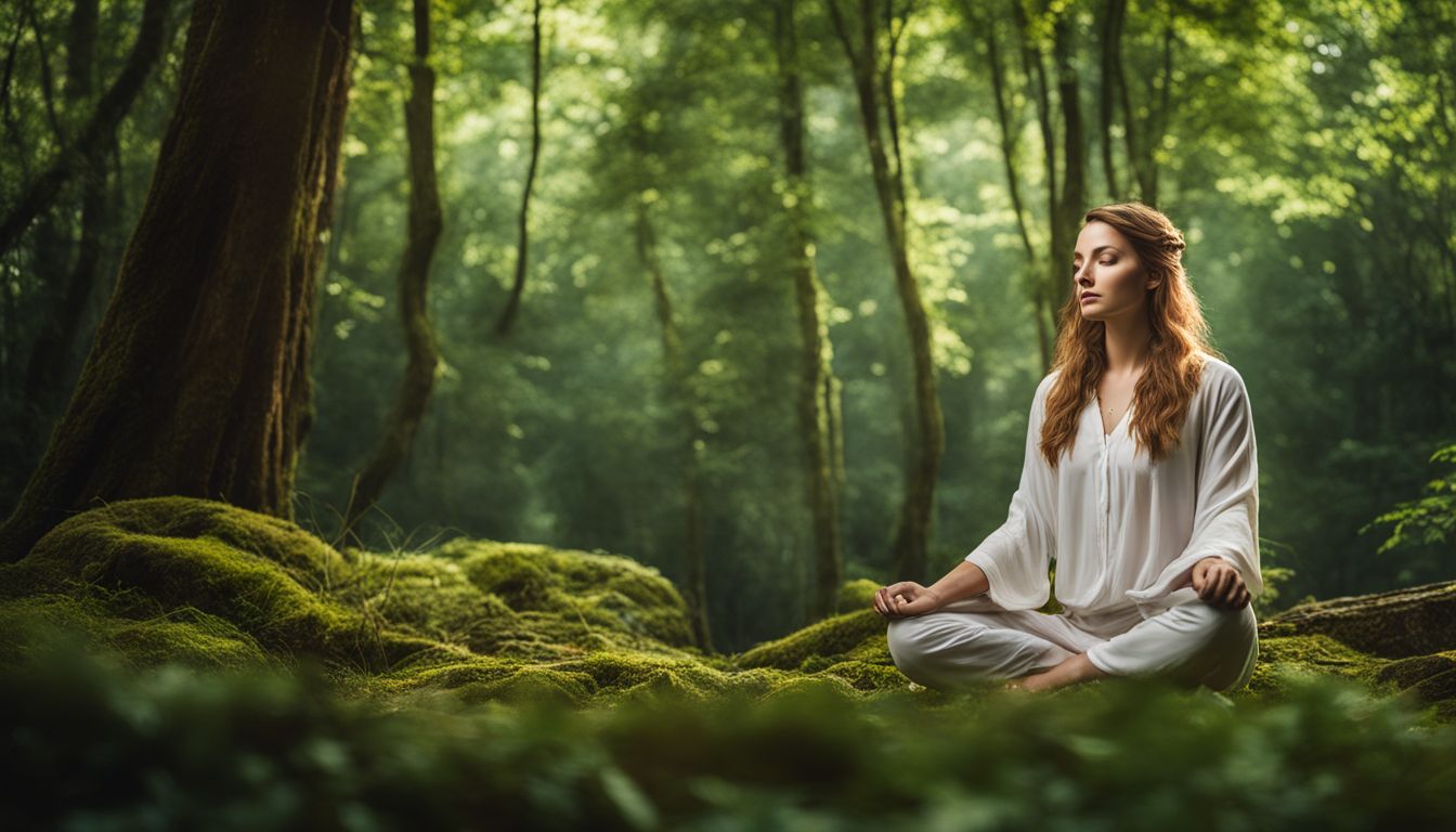 A person meditates in a serene forest clearing surrounded by lush greenery.