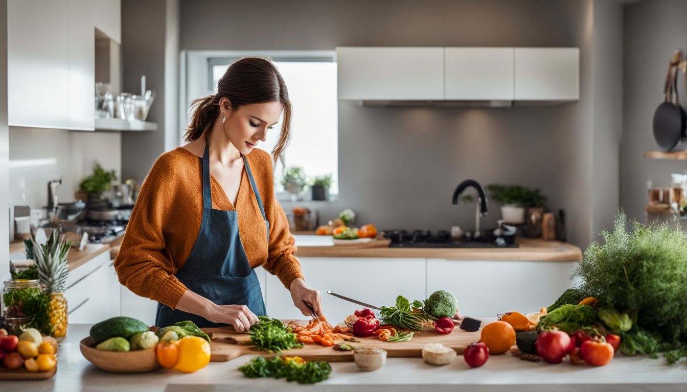 A woman preparing a colorful, nutrient-rich meal in a modern kitchen.