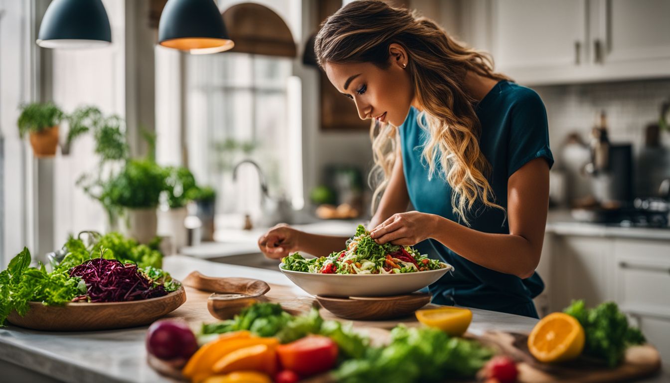 A person enjoying a colorful salad in a vibrant kitchen.