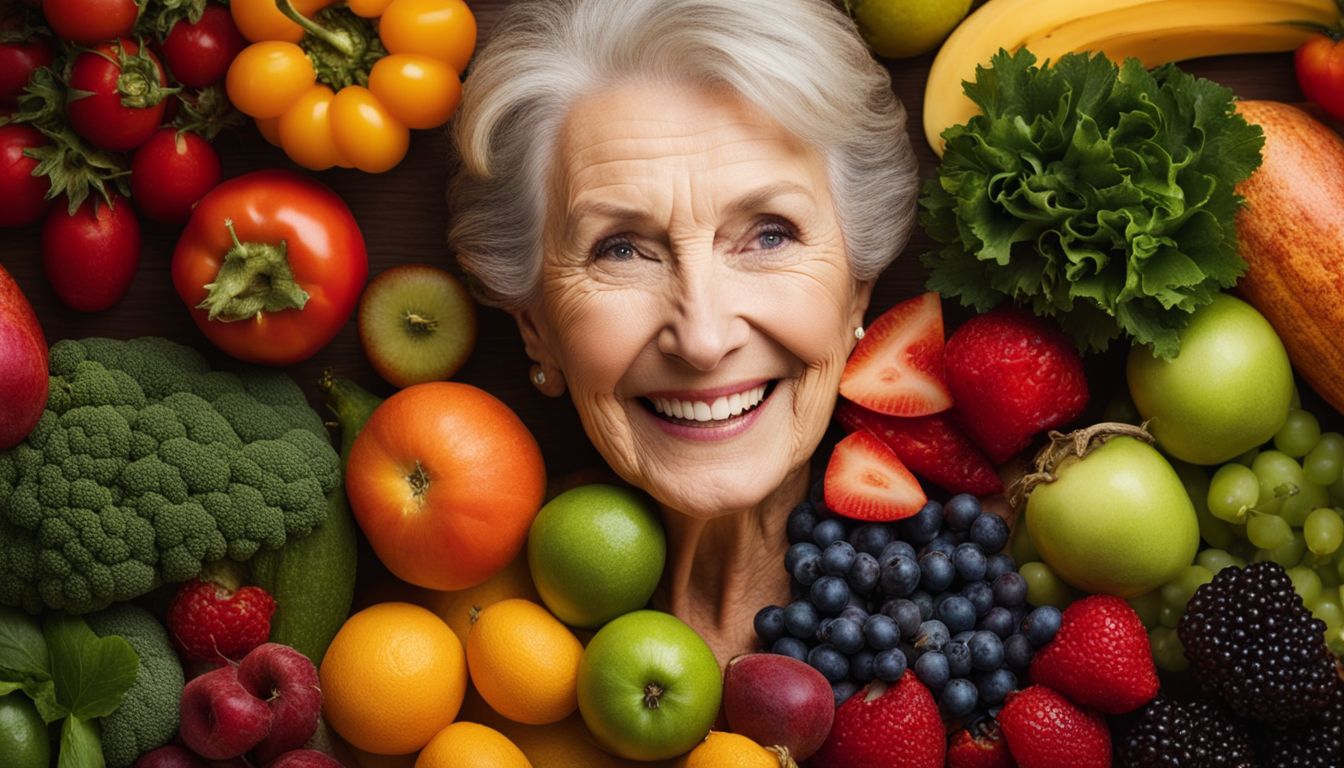 An elderly woman happily taking her daily multivitamin surrounded by fruits and vegetables.