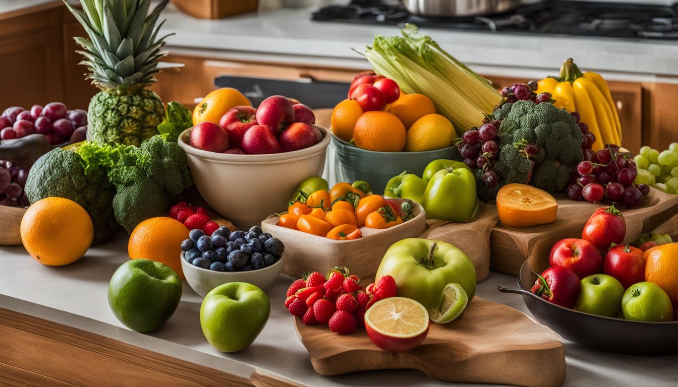 An array of fresh fruits and vegetables on a vibrant kitchen counter.