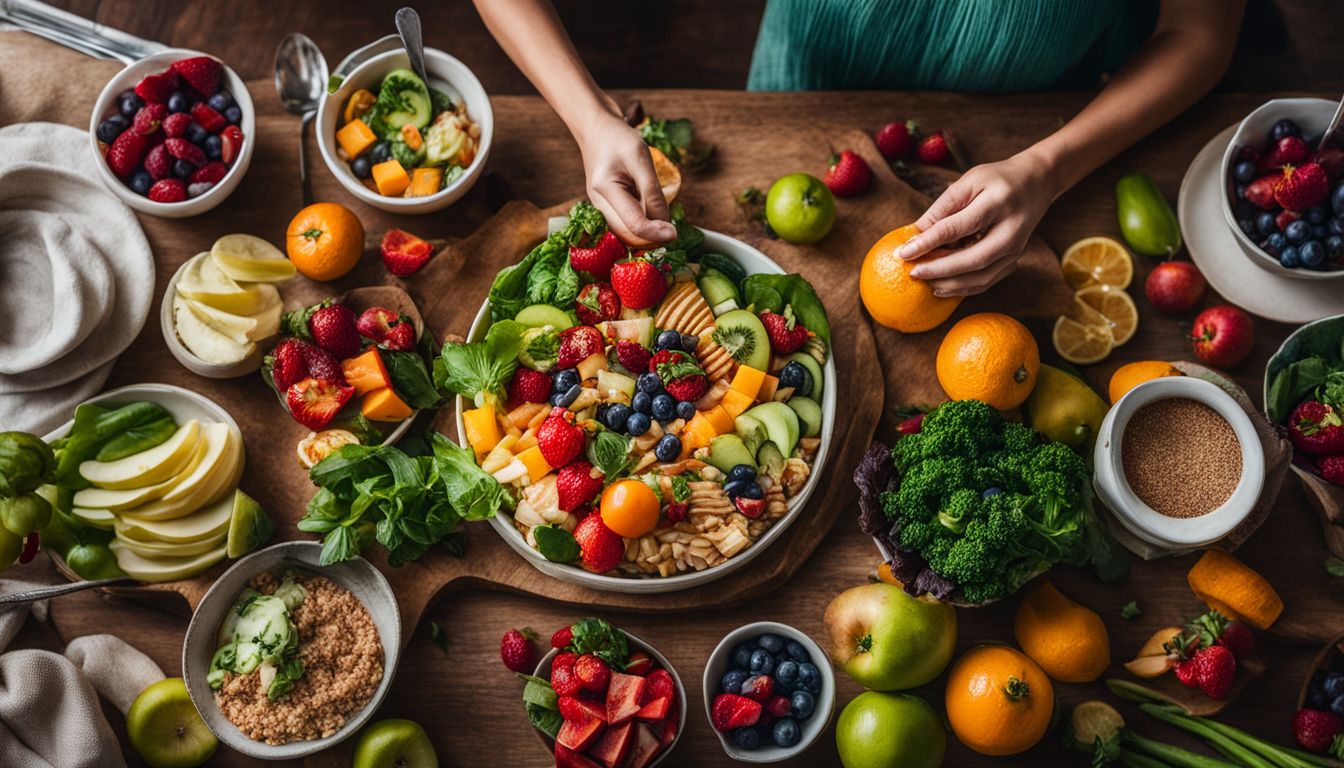 A person enjoying a healthy meal surrounded by vibrant fruits and vegetables.