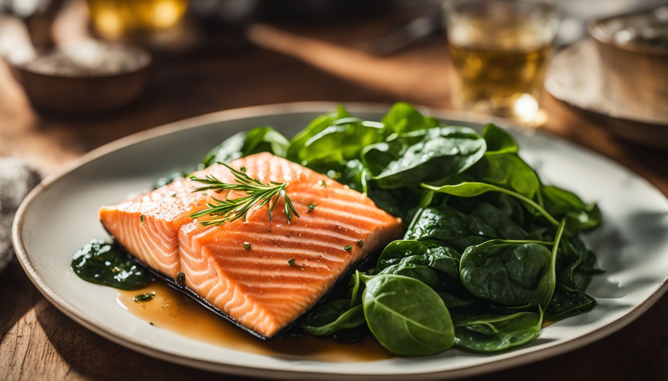 A plate of salmon and spinach on a wooden table in natural lighting.