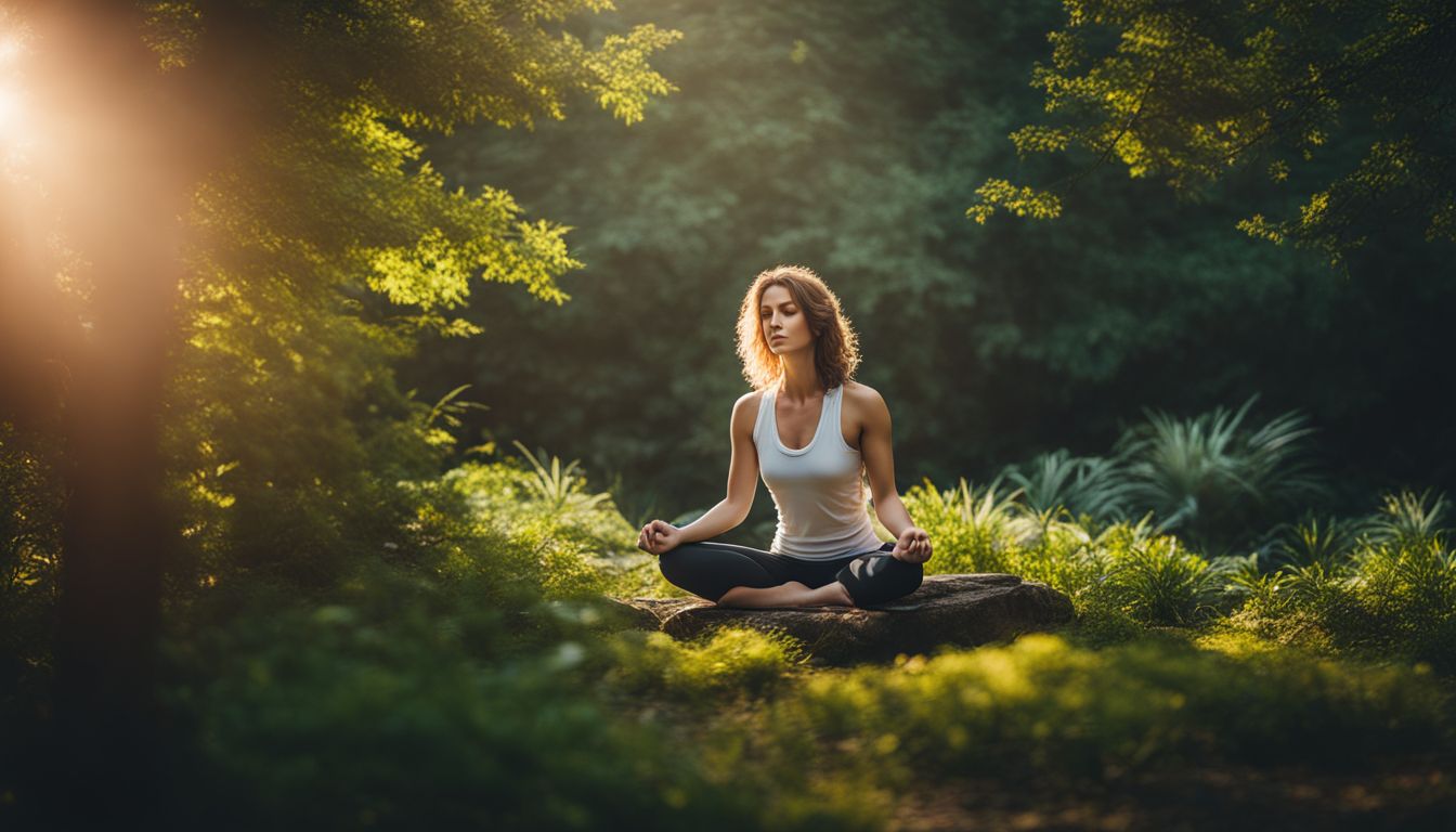 A person meditates peacefully in a serene natural setting.