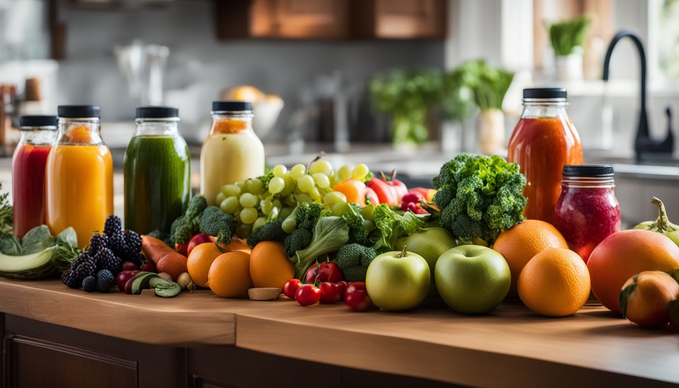 A colorful assortment of fruits and vegetables on a kitchen counter.