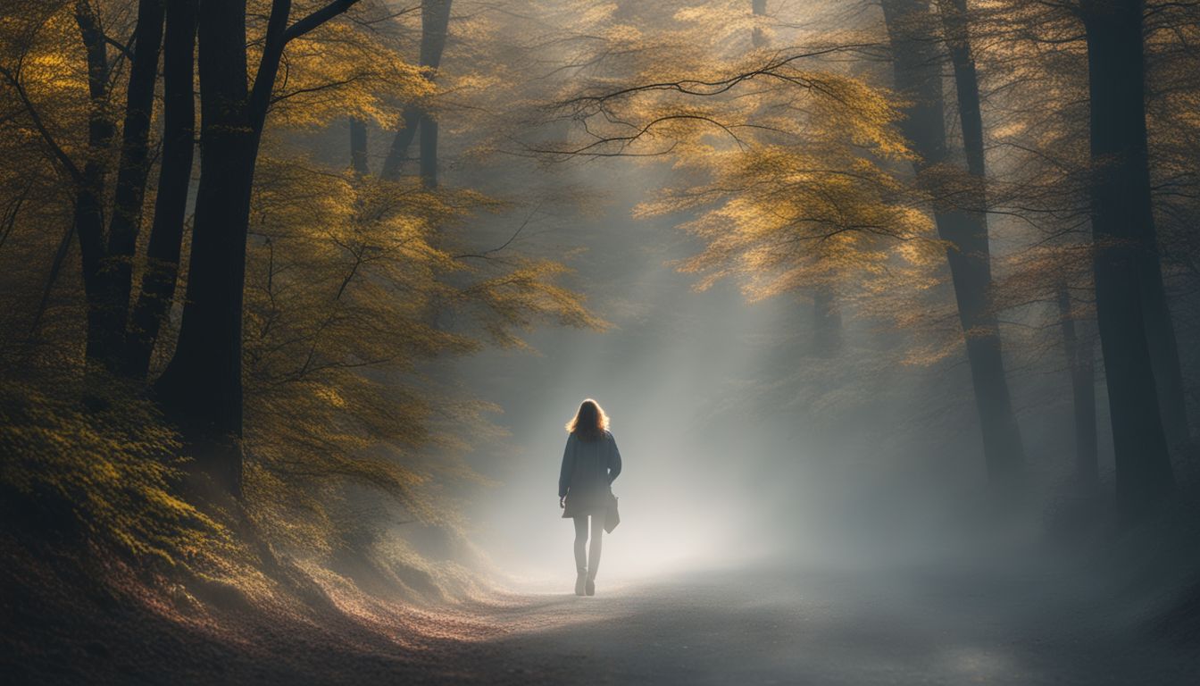 A person walks through a fog-covered forest in various outfits and hairstyles.