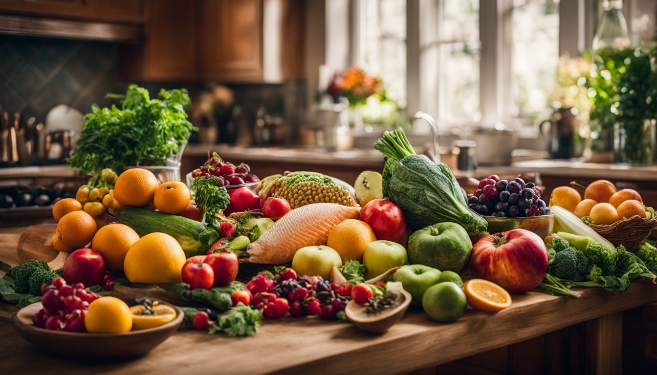 A table filled with vibrant, colorful food and supplements in a bustling kitchen.