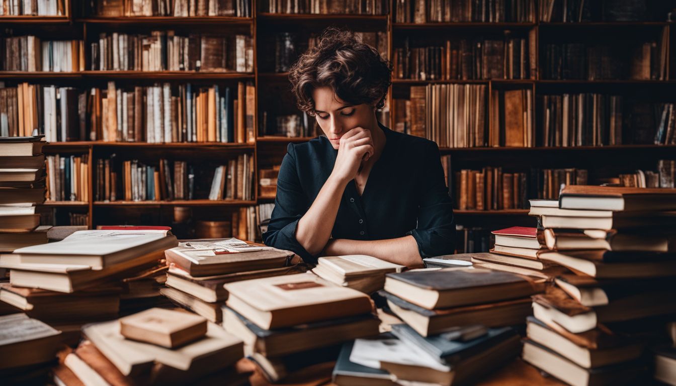 A person surrounded by books and brain-boosting foods, deep in thought.