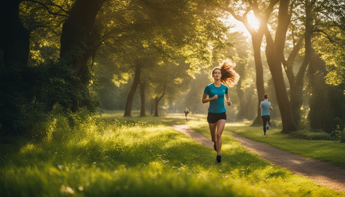 A person jogging in a vibrant park surrounded by natural beauty.