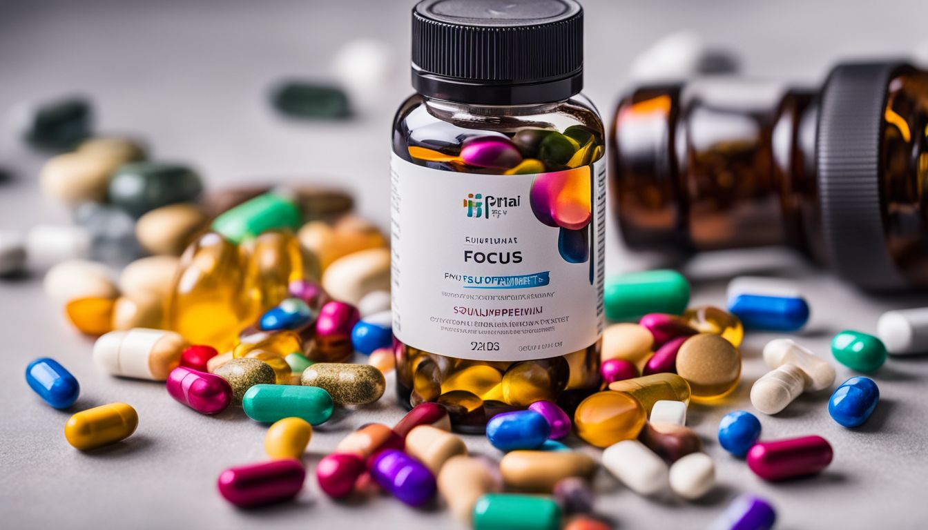 A bottle of focus supplements surrounded by a variety of colorful pills and nature photography.