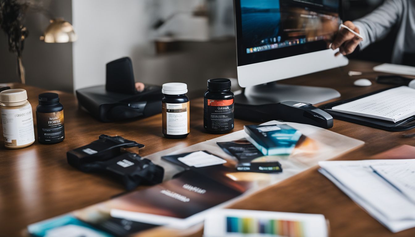 A person sitting at a desk with focus supplements and research materials.
