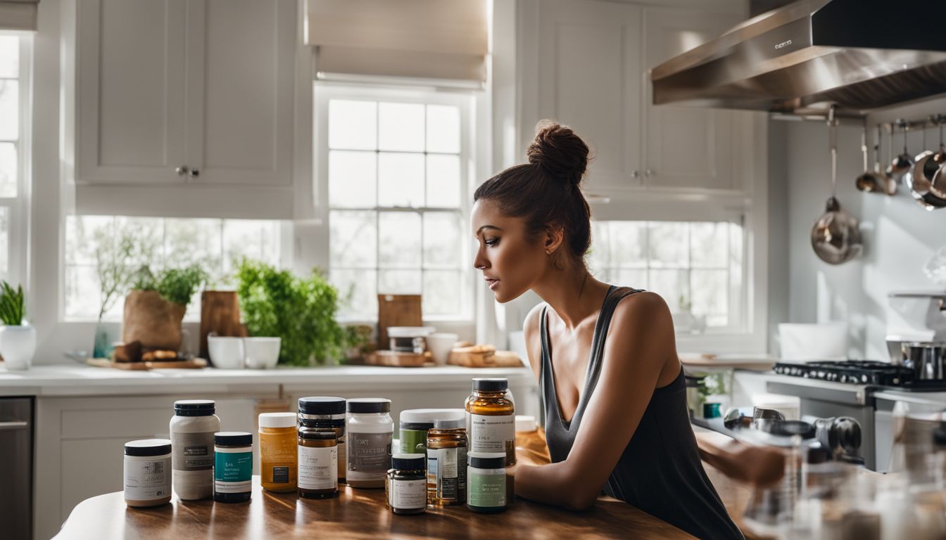 A person surrounded by brain-boosting supplements in a modern kitchen.