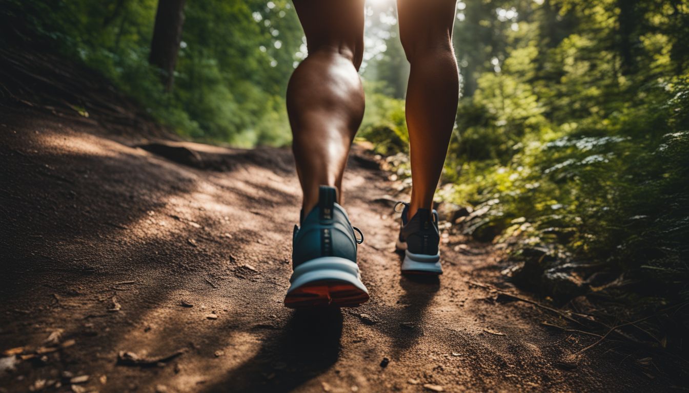 A runner's feet on a trail surrounded by nature in a well-lit photo.