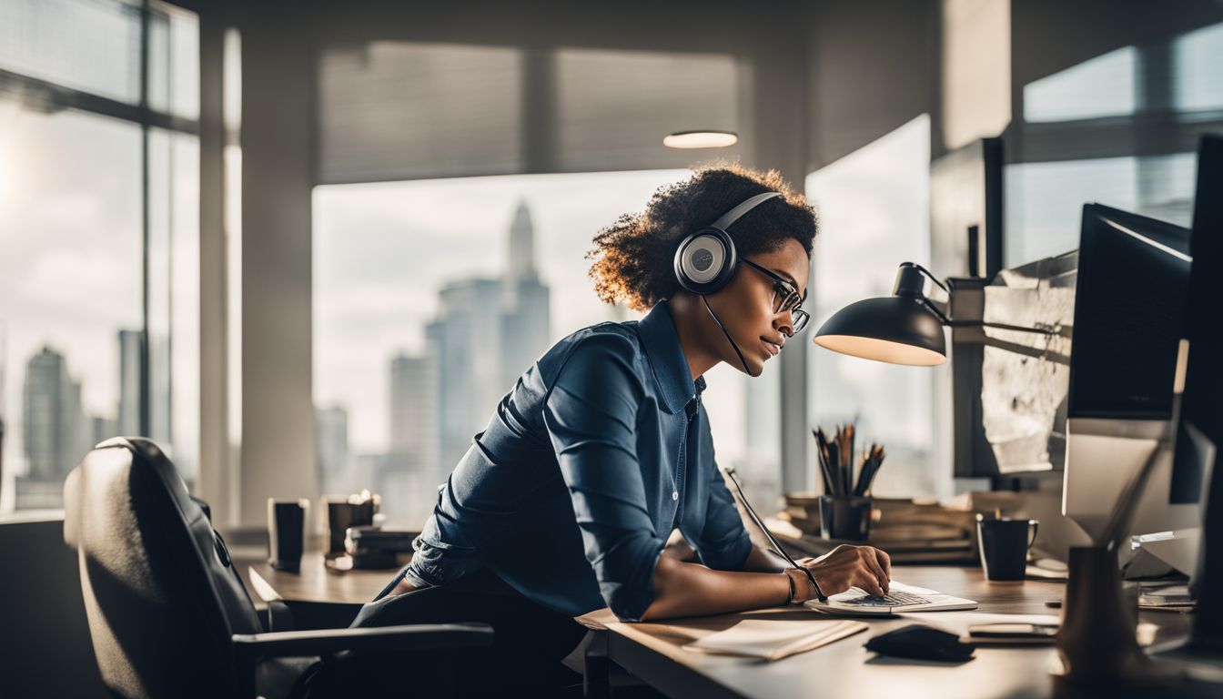 A professional working at a clutter-free desk in a well-lit office.