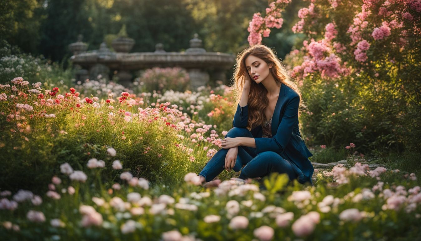 A person relaxes in a beautiful garden surrounded by blooming flowers.