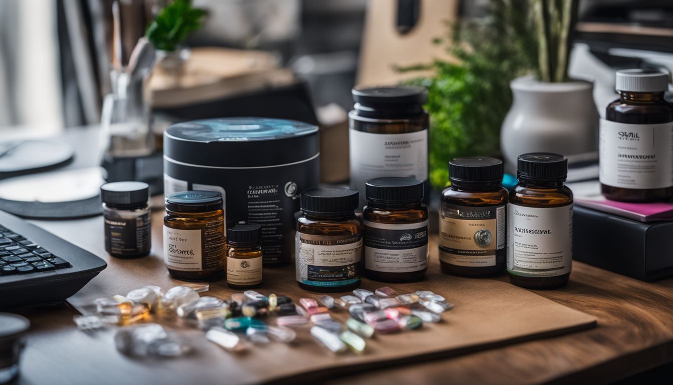 An assortment of various nootropic supplements arranged on a modern desk.