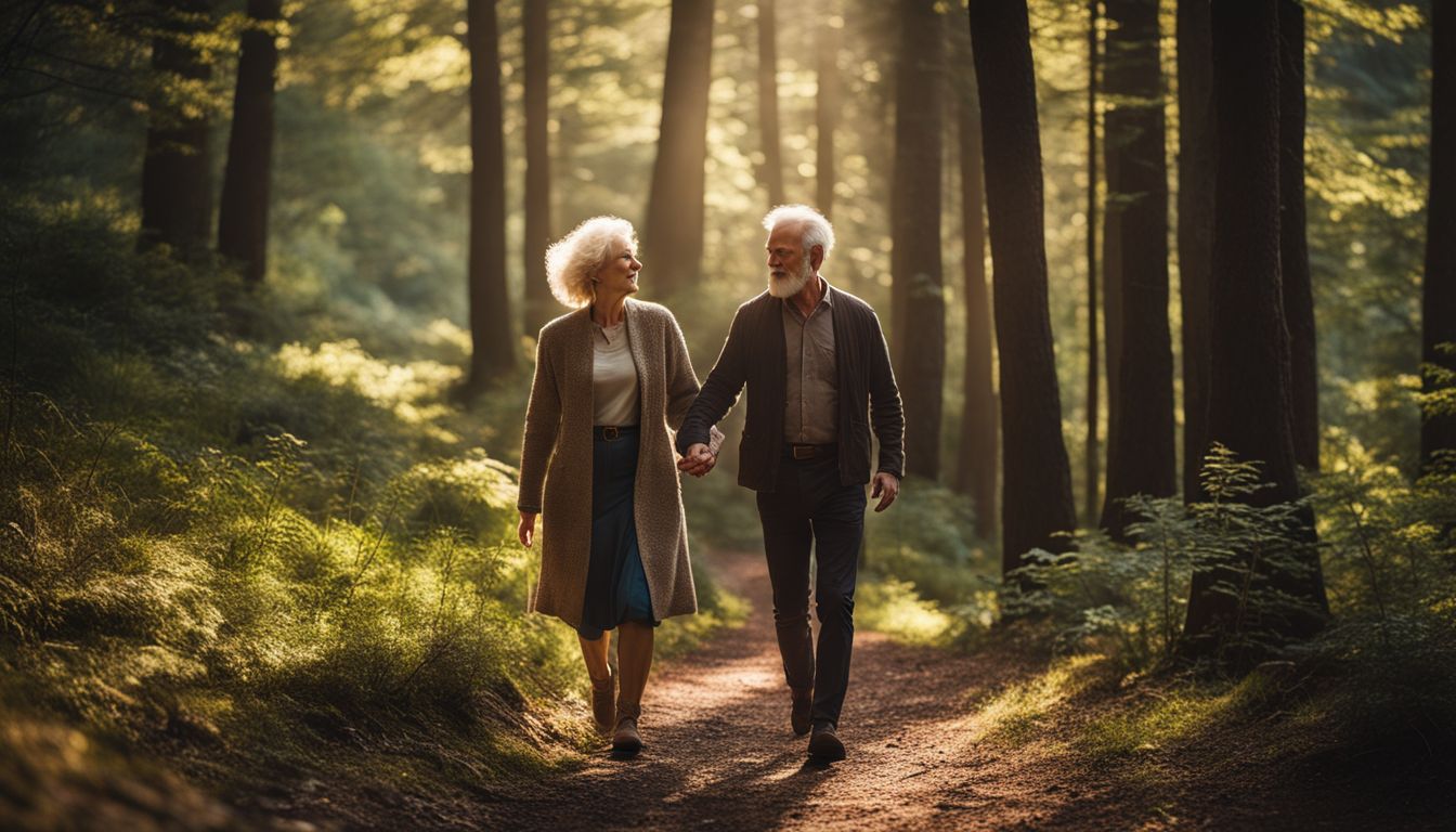 An elderly couple enjoying a peaceful walk in the forest.