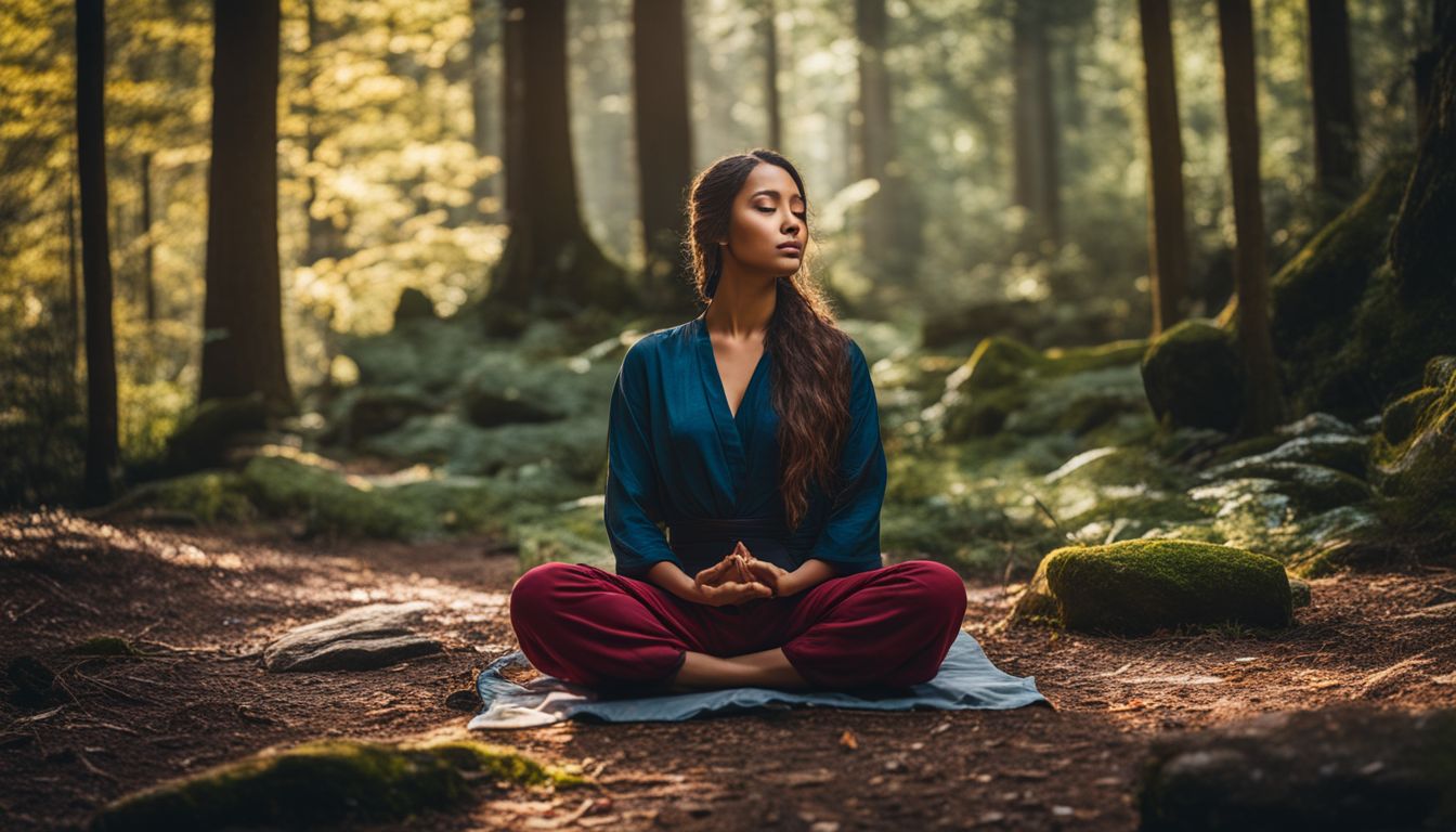 A person meditating in a serene forest setting with varied appearances.