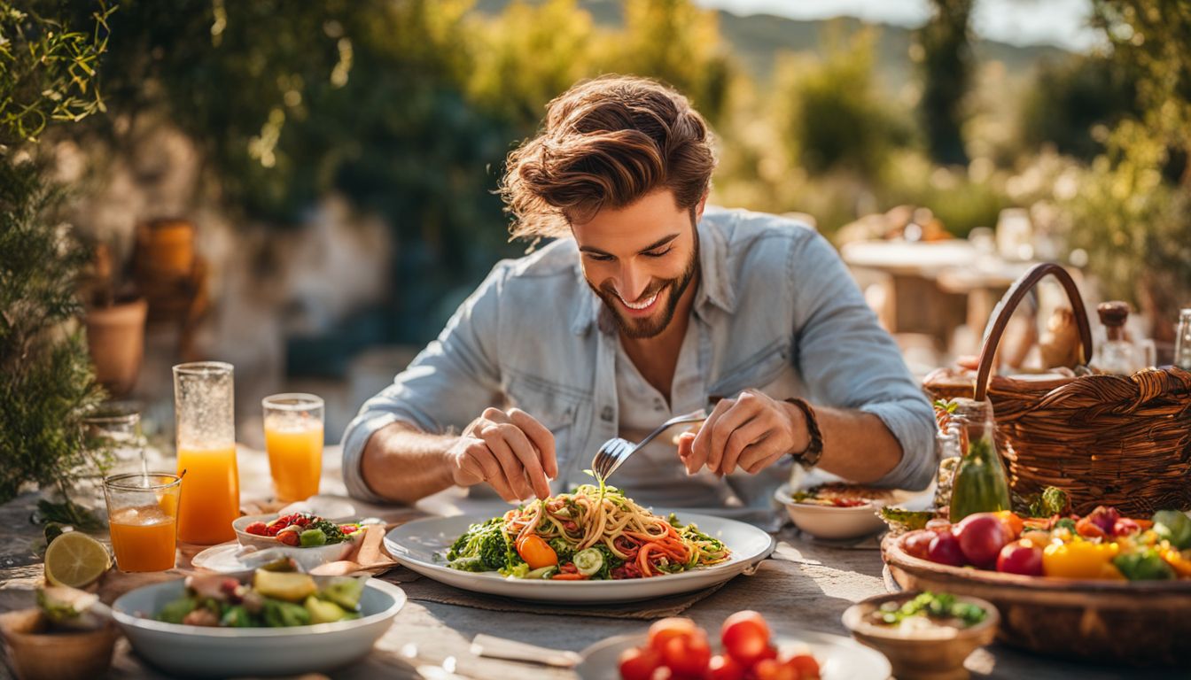 A person enjoying a colorful and nutritious Mediterranean-style meal in a vibrant outdoor setting.