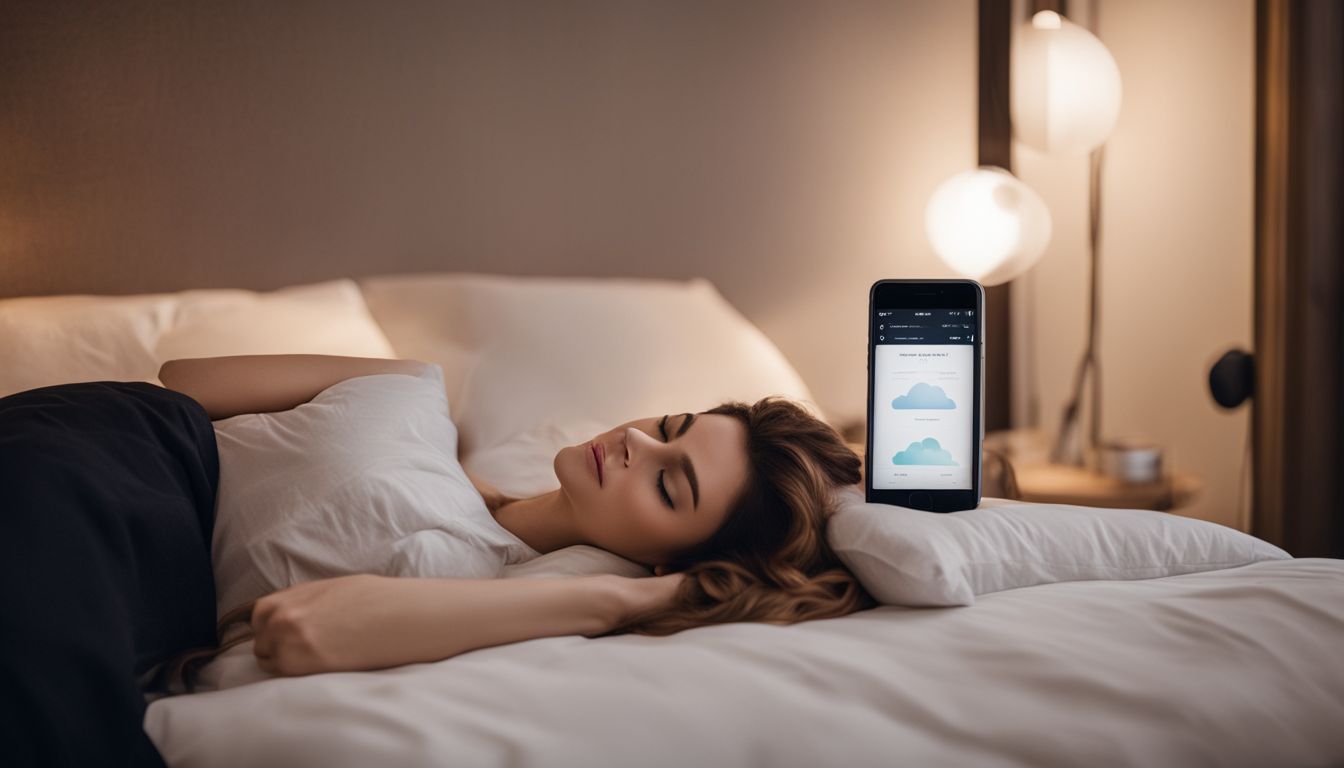 A person peacefully sleeping in bed with a sleep monitoring app.
