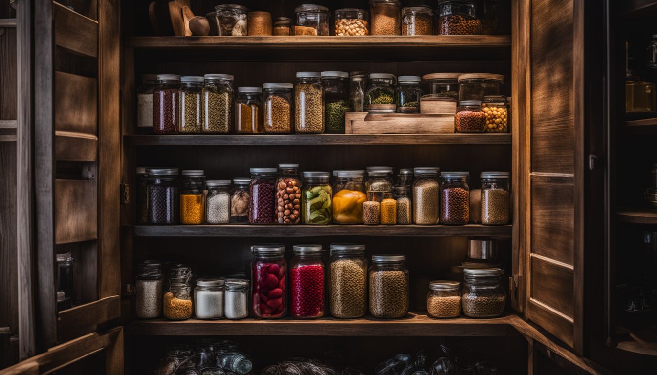 A well-stocked vitamin cabinet in a cool pantry with varied contents.