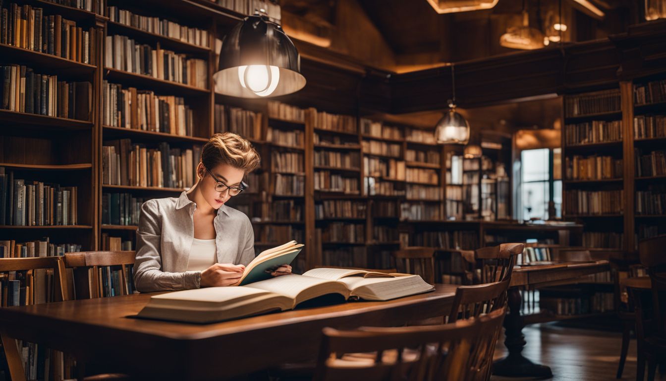 A person peacefully reading a book in a well-lit library.