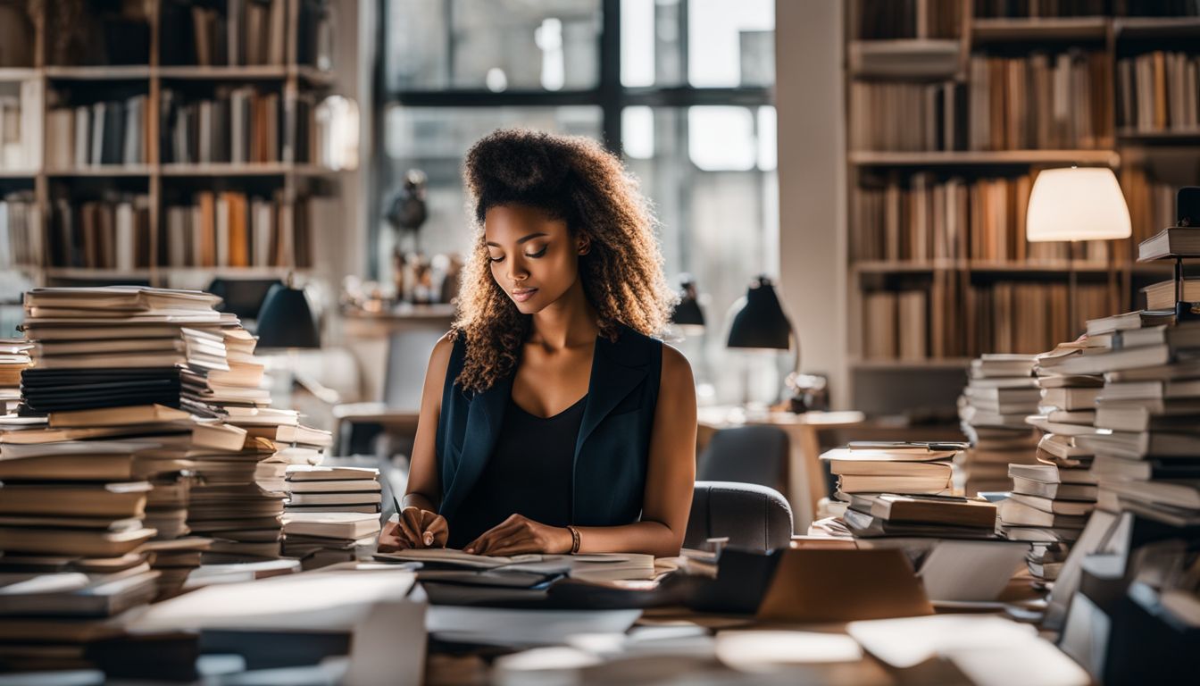 A person working in an organized office surrounded by books and photography.