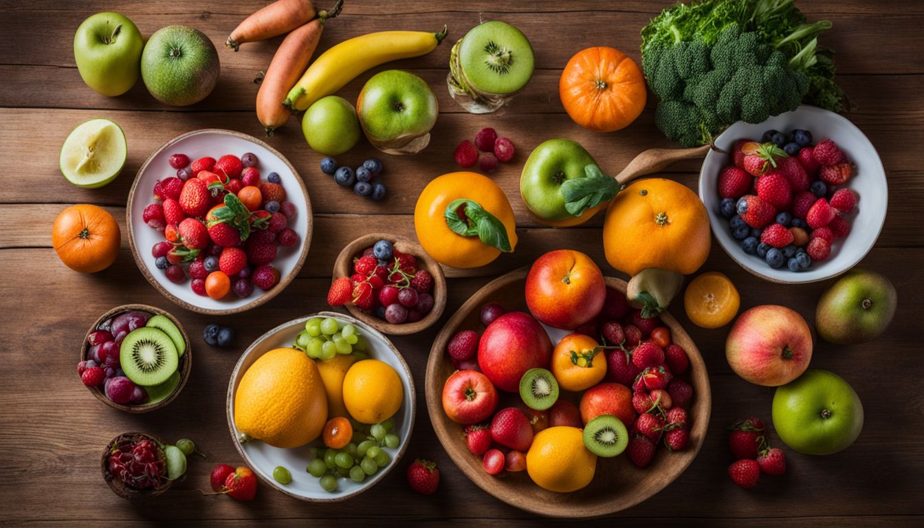 A variety of colorful fruits and vegetables arranged on a wooden table.