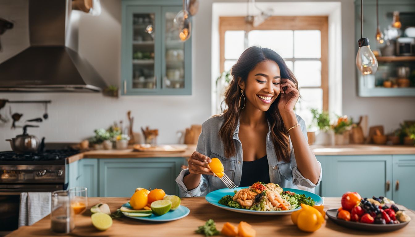 A person enjoying a plate of brain-boosting foods in a vibrant kitchen.