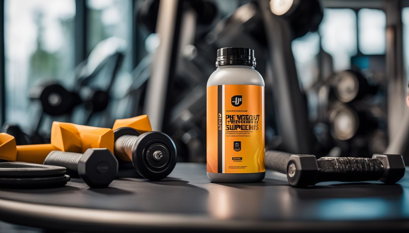 A bottle of pre-workout supplements in a gym setting with fitness photography.
